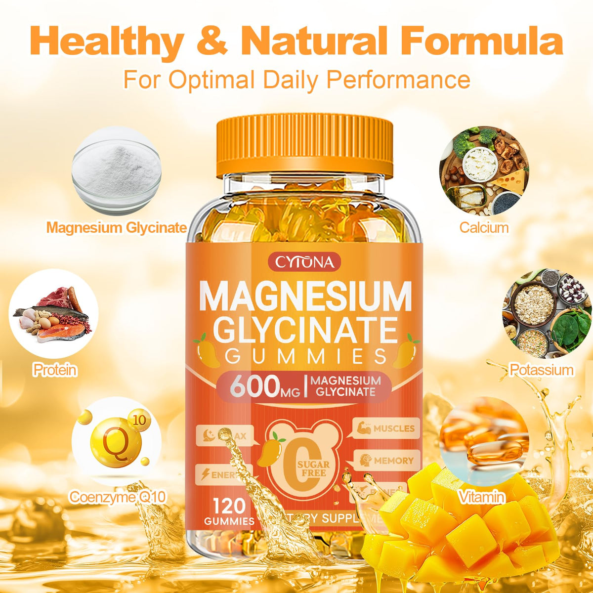 Magnesium Glycinate Gummies 600mg, Sugar Free Magnesium Gummies for Adults