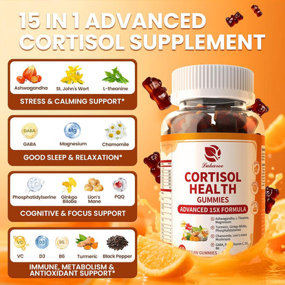 Lukaree Cortisol Supplements for Women & Men, 15 in 1 Cortisol Reducer Manager, Cortisol Calm Gummies with Ashwagandha, Magnesium, L-theanine, GABA - for Mood, Focus, Sleep - Vegan Sugar Free, 60 Ct.