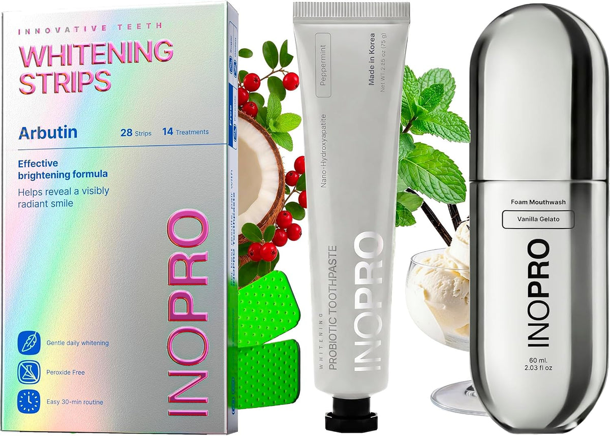 InoPro Teeth Whitening Strips 14 Treatments Kit + Peppermint Nano-Hydroxyapatite Whitening Toothpaste with Probiotic + Vanilla Gelato Foam Mouthwash with Nano-Hydroxyapatite, Xylitol, Hyaluronic Acid