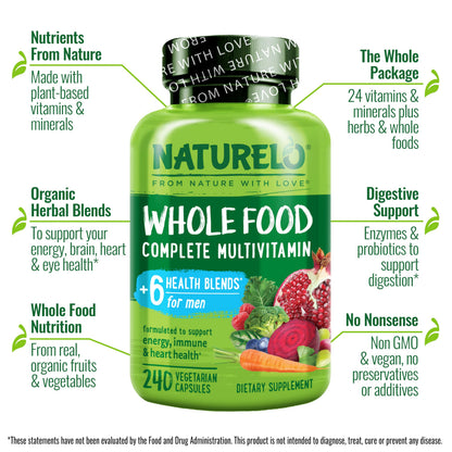 NATURELO Mens Multivitamins - Whole Food Multivitamin for Men with Vitamins, Minerals - 120 Vegetarian Capsules for Energy, Brain, Heart, Eye Health*
