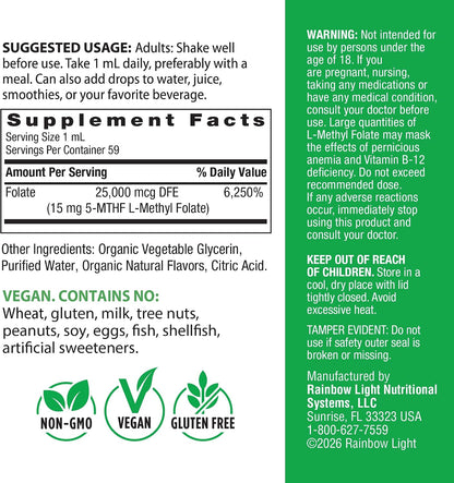 Rainbow Light L Methyl Folate 15 mg | 2 fl oz | with Organic Glycerin | Berry Flavor | USDA Organic | Liquid Supplement