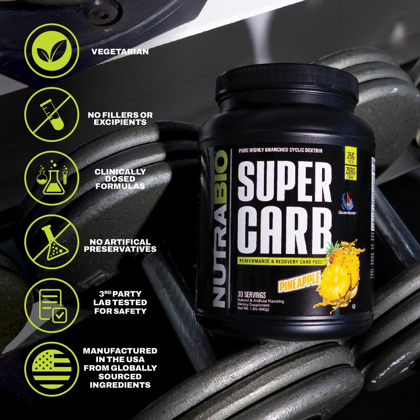 NutraBio Super Carb, Carbohydrate Powder with Cluster Dextrin & Electrolytes, Advanced Carb Supplement Powder for Workout Fuel, Performance, and Muscle Recovery, Cyclic Dextrin, Unflavored, 30 Sv
