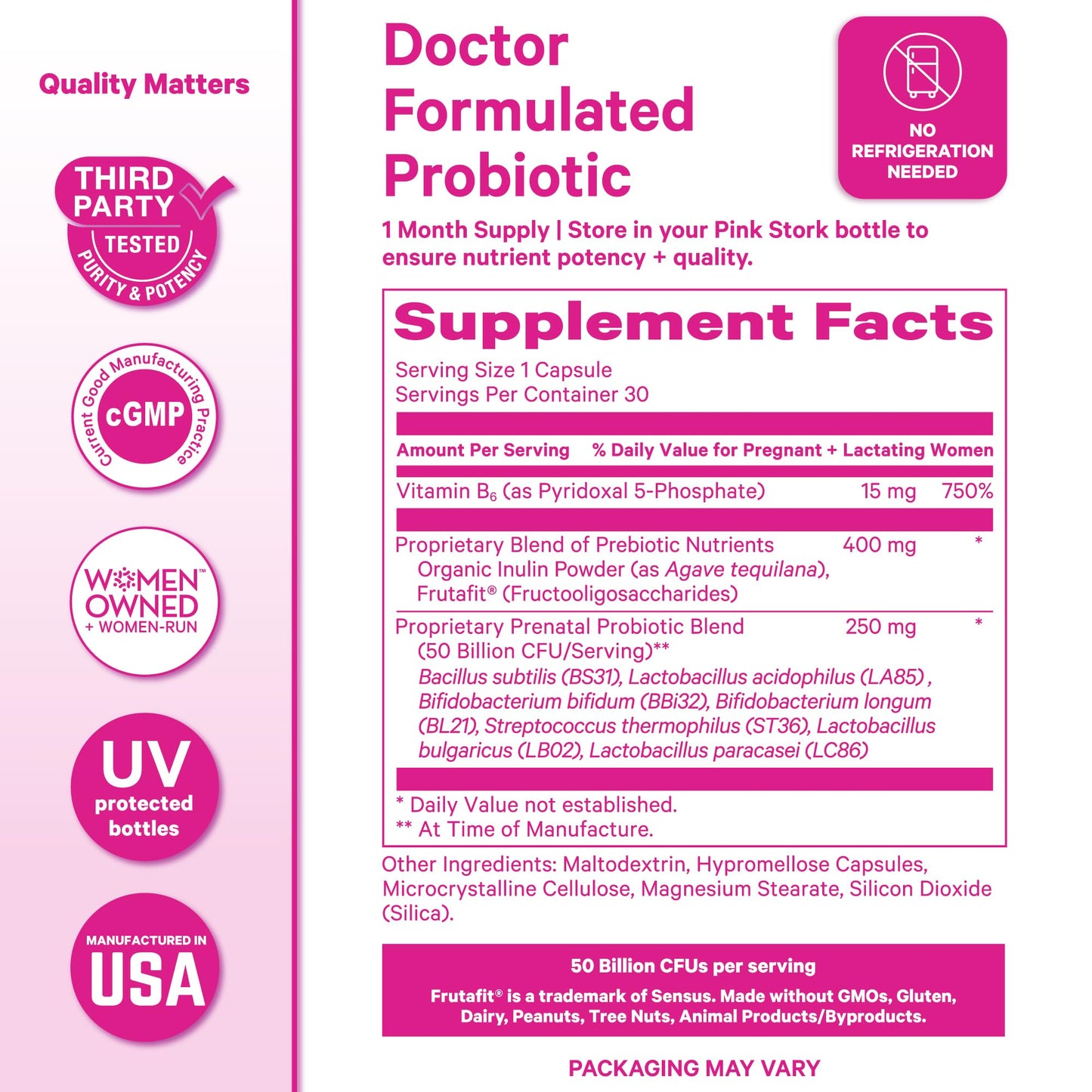 Pink Stork Prenatal Probiotic for Women with 50 Billion CFU, 30 Capsules | Added Vitamin B6 + Prebiotics, Morning Sickness Support, Vegan & Gluten-Free, Digestive, Immune, + Gut Health