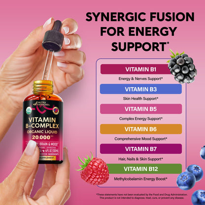 USDA Organic Vitamin B-Complex B5 Pantothenic Acid | B12 Methylcobalamin | B1 Thiamine | B6 Pyridoxine | B7 Biotin | B9 Folic | B3 Niacinamide - B Complex Liquid Drops, Natural Berry Flavor, 2fl oz