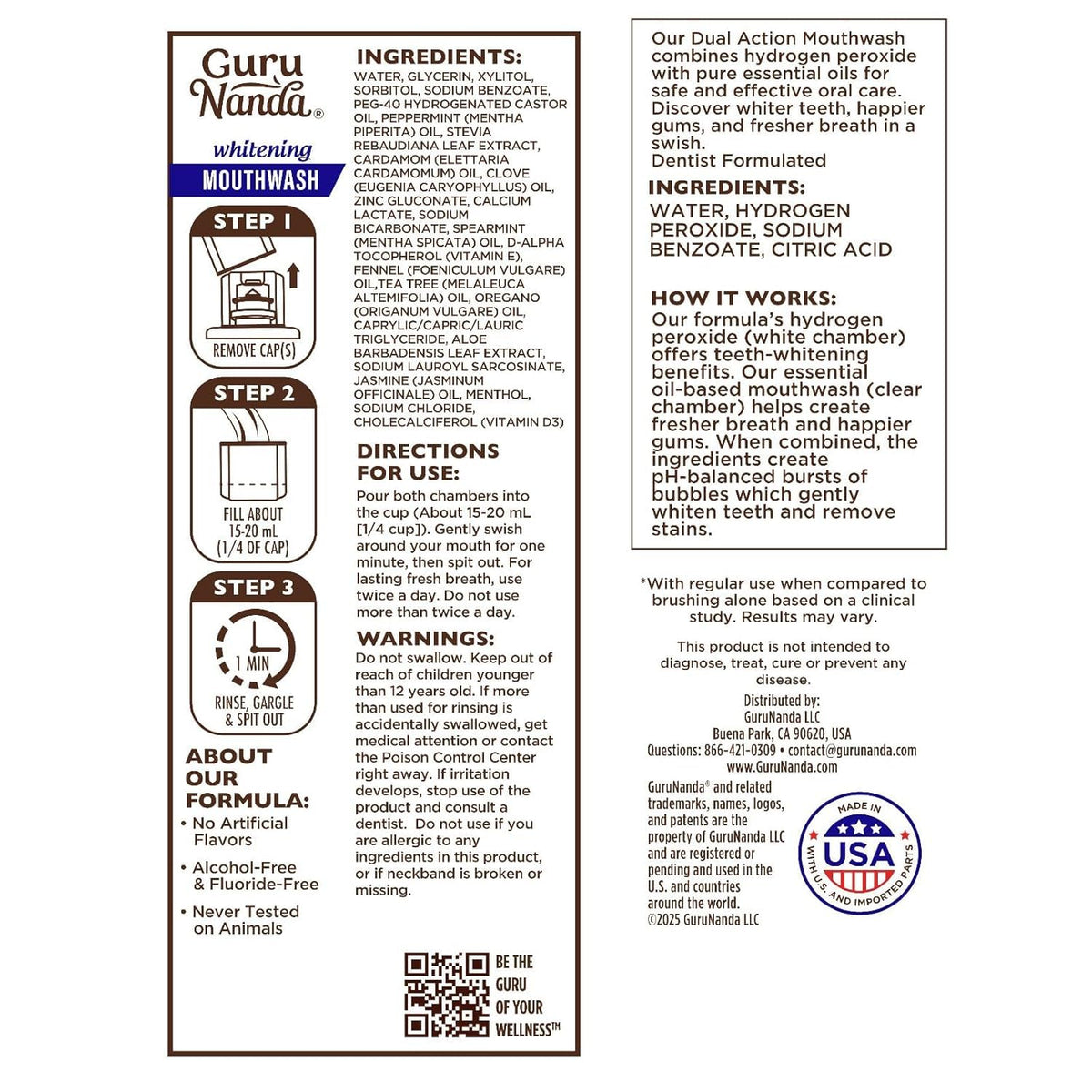 GuruNanda Teeth Whitening Dual Barrel Oxyburst Mouthwash - Alcohol & Fluoride Free, Hydrogen Peroxide to Promote Whiter Teeth - Wild Mint - 20 Fl Oz