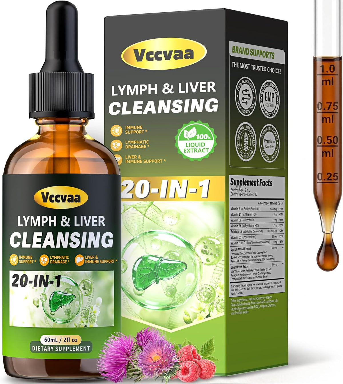 20-in-1 Liposomal Lymphatic Drainage Drops & Liver Cleanse Detox - Fast-Absorbing Lymphatic Support Liquid Drops with Milk Thistle, Dandelion, Burdock & Fucoxanthin, Raspberry, 2 Fl Oz