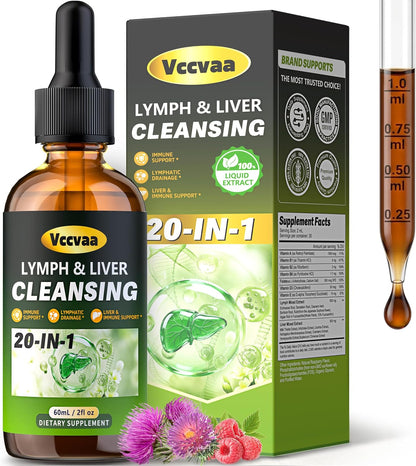 20-in-1 Liposomal Lymphatic Drainage Drops & Liver Cleanse Detox - Fast-Absorbing Lymphatic Support Liquid Drops with Milk Thistle, Dandelion, Burdock & Fucoxanthin, Raspberry, 2 Fl Oz