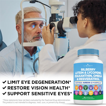 Liberty Lifestyle Eye Health Vitamins with Bilberry, Lutein & Zeaxanthin, Lycopene, Resveratrol, Grape Seed Extract Flaxseed Astaxanthin- AREDS 2-180 Capsules