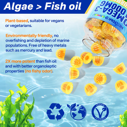 Omega-3 Gummies + Turmeric - Omega 3 Fish Oil Alternative for Adults - Algae DHA 600mg & EPA 300mg, Vitamins A, C, E, Zinc & MSM, Sugar Free, 60 Cts