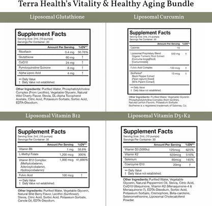Terra Health Essentials 4-Pack Liposomal Supplement Bundle - Glutathione, Curcumin, Vitamin D3+K2 & Vitamin B12 - Antioxidant, Energy, Immune & Active Aging Support - 2oz Each, 30 Day Supply