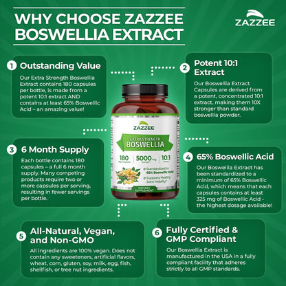 Zazzee Extra Strength Boswellia 10:1 Extract, 65% Boswellic Acid, 180 Vegan Capsules, 6 Month Supply, Boswellia Serrata, Joint Comfort, Mobility & Flexibility Support, Non-GMO, Made in the USA