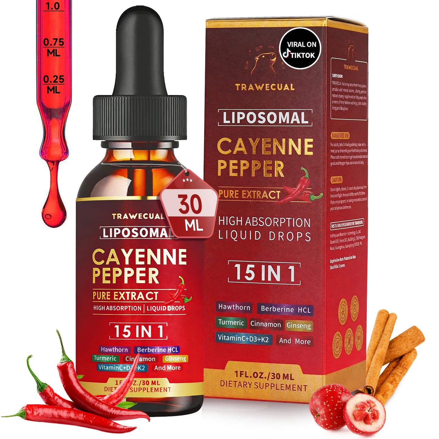 15 in1 Liposomal Cayenne Pepper Liquid Drops Supplement, with Vitamin D3 K2, Hawthorn, Berberine HCL, Beet Root, Turmeric, Cinnamon, Digestion, Circulatory Heath Support- 2 Fl Oz for 30 Days