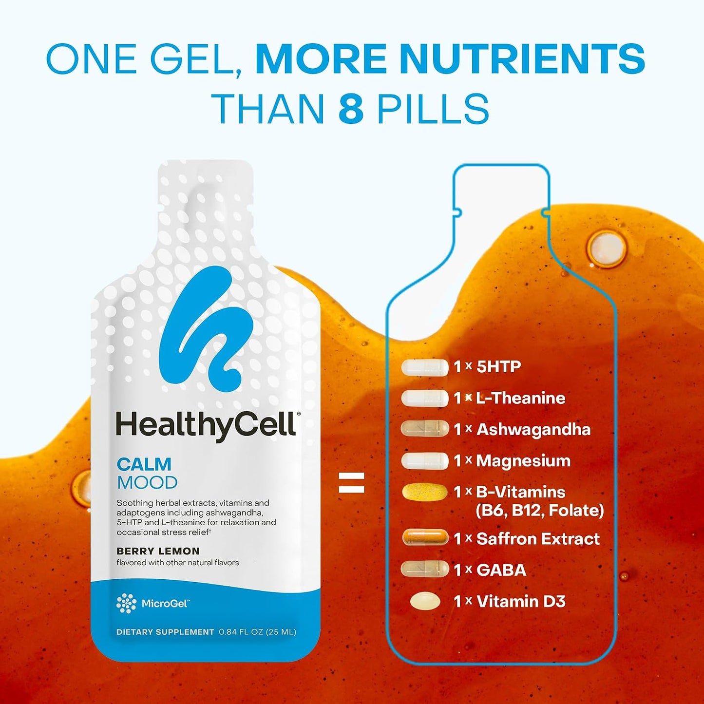 Healthycell Calm Mood Daily Liquid Supplement - Stress & Cortisol Support | 30 Gel Packs with Ashwagandha, L-Theanine, Magnesium, 5-HTP, GABA & Saffron - Calms Mood, Stress Relief & Cortisol Balance