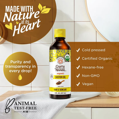 GuruNanda Castor Oil USDA Certified Organic, Pure & Natural, 8 fl oz