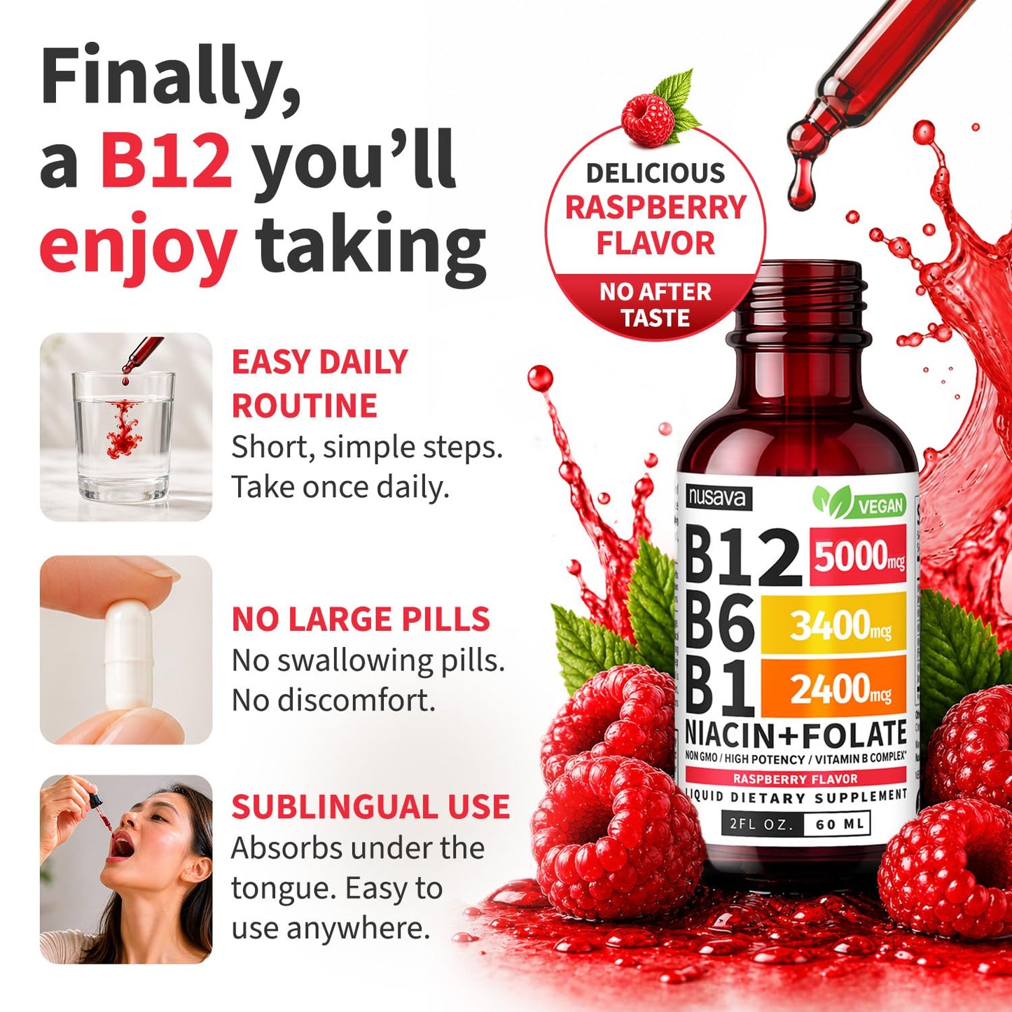 NUSAVA (2 Pack) Vitamin B12 Liquid Drops with B6, B1, Niacin & Folate — B12 Sublingual Vitamin B Complex, Methylcobalamin 5000 mcg, for Energy, Brain & Heart Support, Raspberry Flavor, 80 Servings