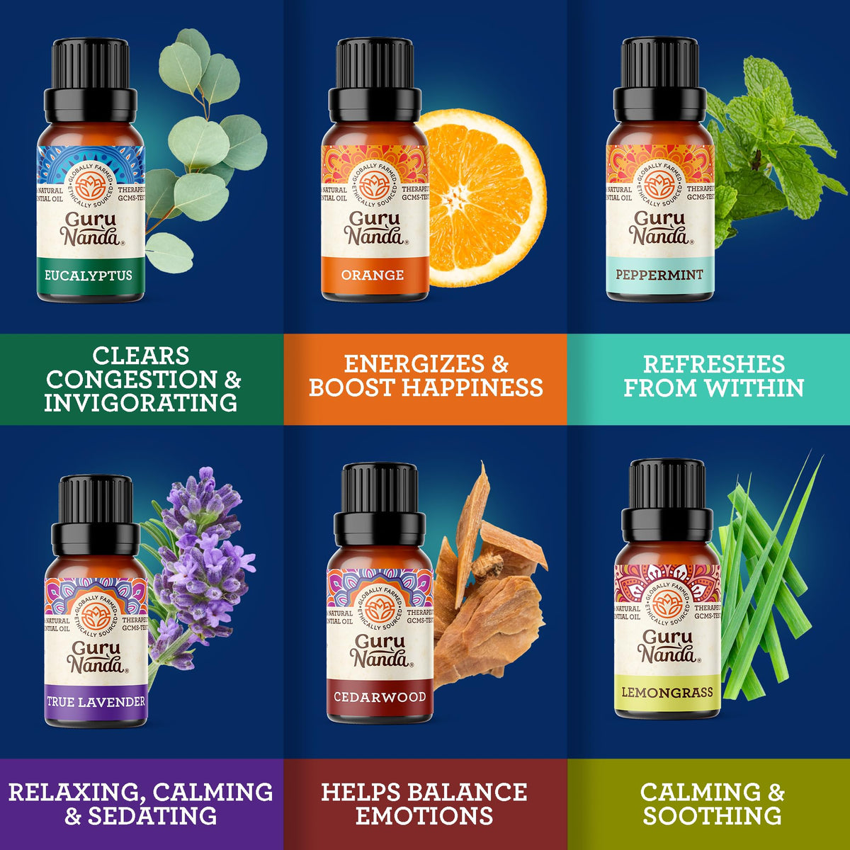 GuruNanda Essential Oils (Set of 12) with Wooden Storage Gift Box- 100% Pure & Undiluted Oils- Perfect for Aromatherapy, Massage, Beauty, Hair Care & Diffusers (Contains 6 Blends & 6 Singles)
