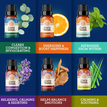 GuruNanda Essential Oils (Set of 12) with Wooden Storage Gift Box- 100% Pure & Undiluted Oils- Perfect for Aromatherapy, Massage, Beauty, Hair Care & Diffusers (Contains 6 Blends & 6 Singles)