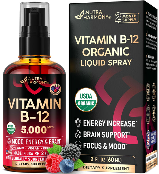 USDA Organic Vitamin B12 Sublingual Drops - 5000 mcg Liquid Vegan Methylcobalamin for Women & Men - Energy Boost, Focus & Mood, Brain Health Support - Maximize Absorption - 2 Month Supply, 2 fl oz