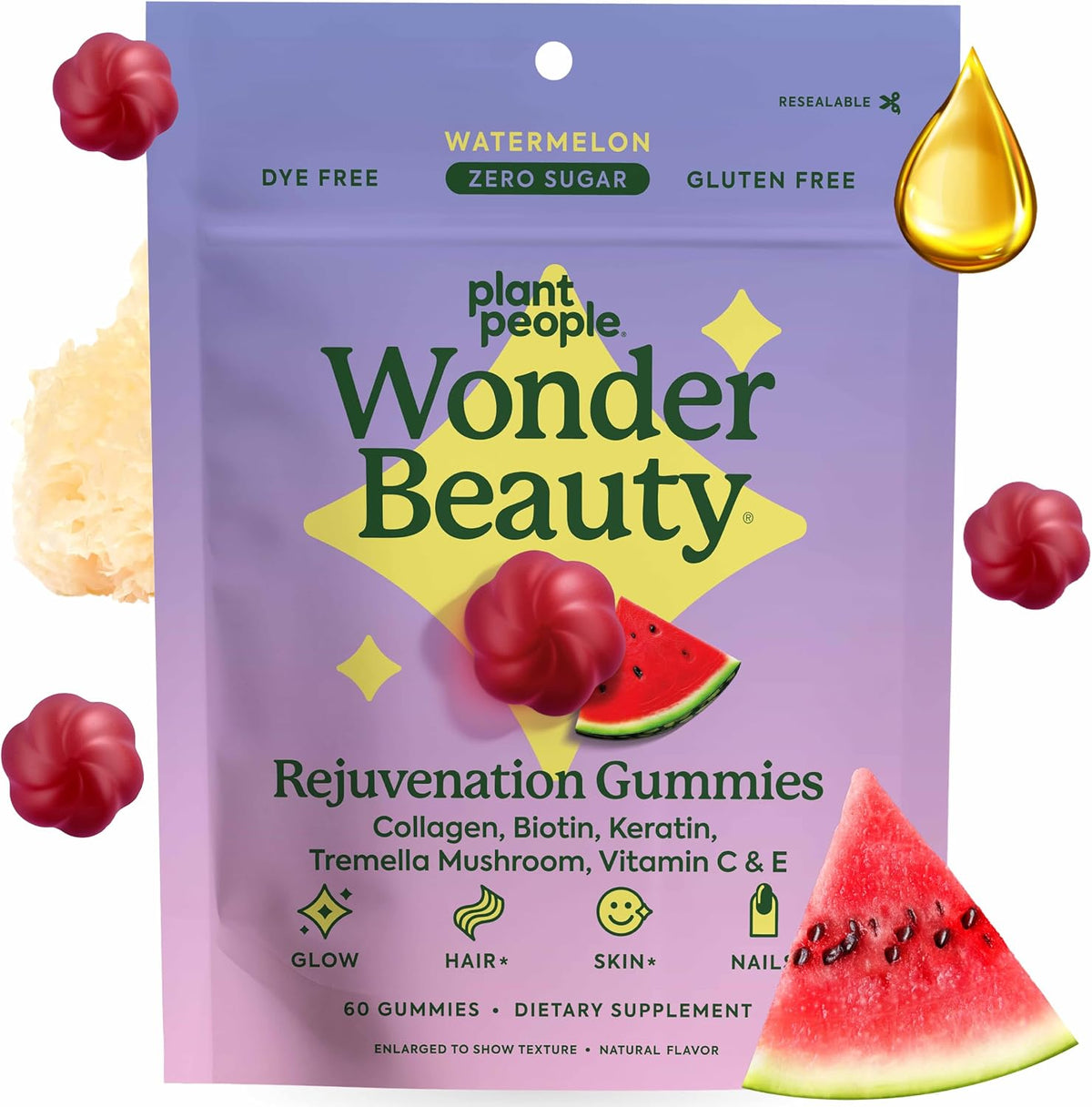 Plant People WonderBeauty Hair Gummies, Watermelon Flavor, 60 Ct
