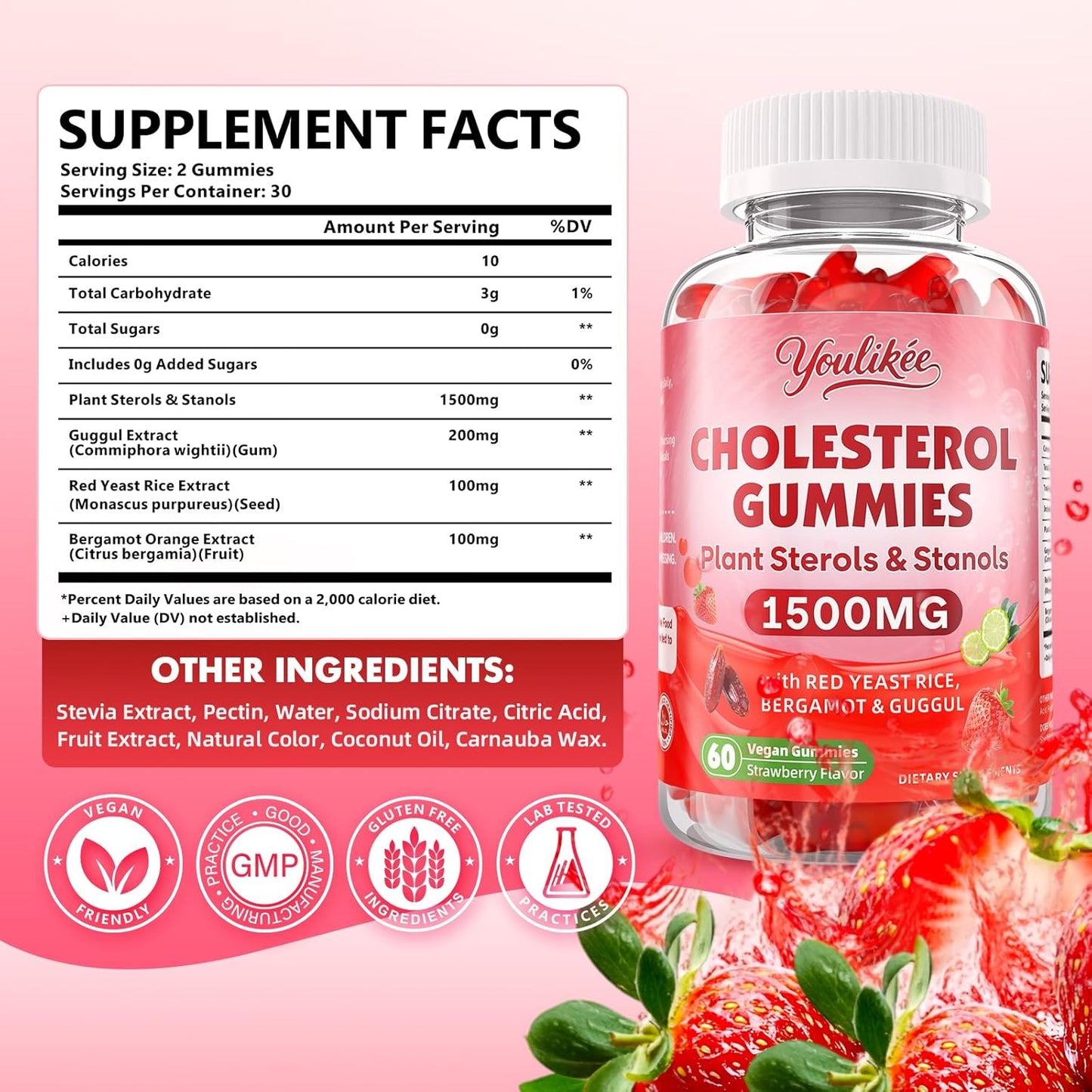 Cholesterol Supplements Gummies with Plant Sterols & Stanols, Guggul, Bergamot Orange, Red Yeast Rice, Sugar Free, Strawberry Flavor, 60 Count