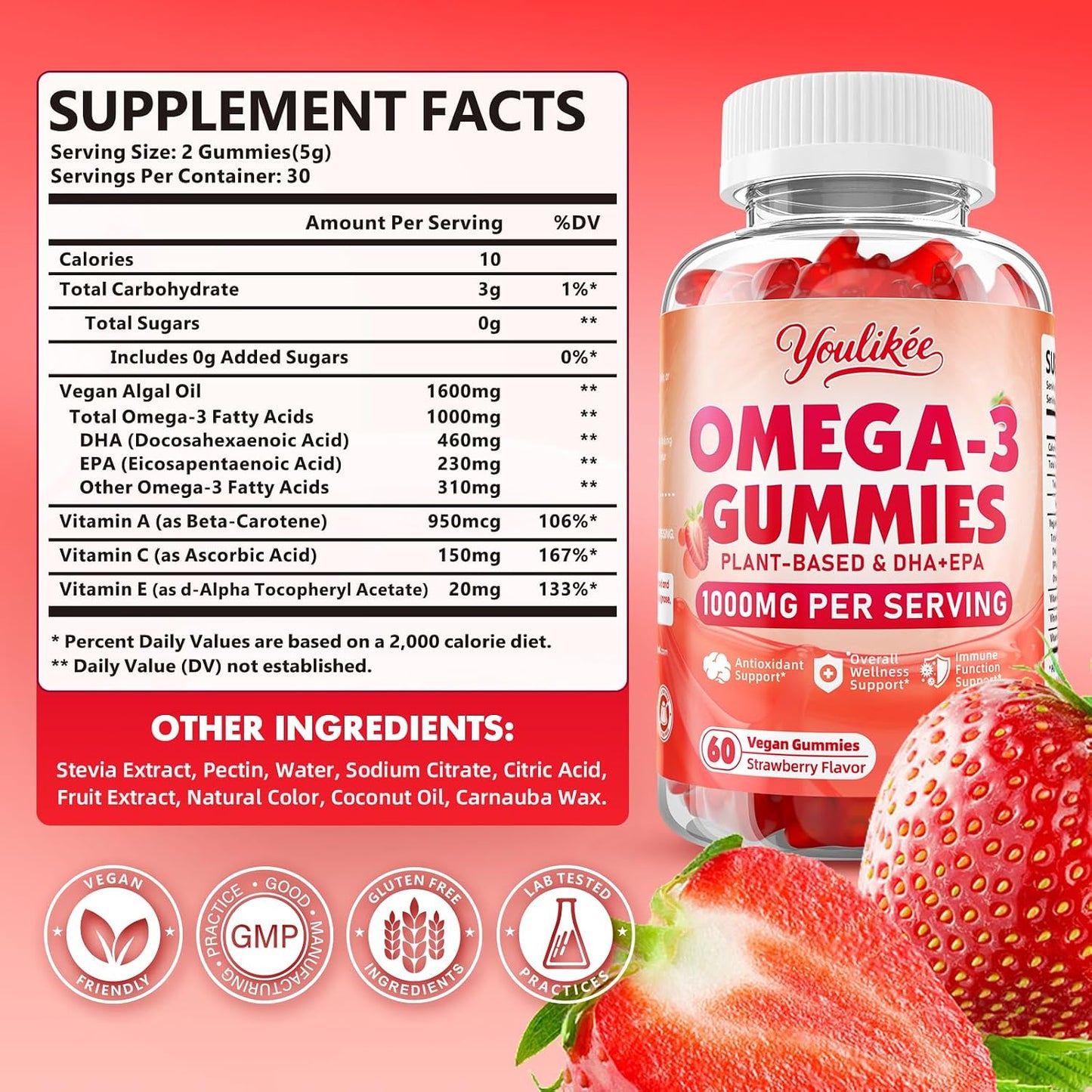 Vegan Omega-3 Gummies, Strawberry Flavor, 60 Count