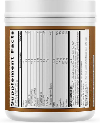 Stem Cell Protein Powder Chocolate – Bone Marrow & Bone Broth Protein, Bacillus Subtilis AB-22, Natural Peptides – Cellular Recovery – 30 Servings