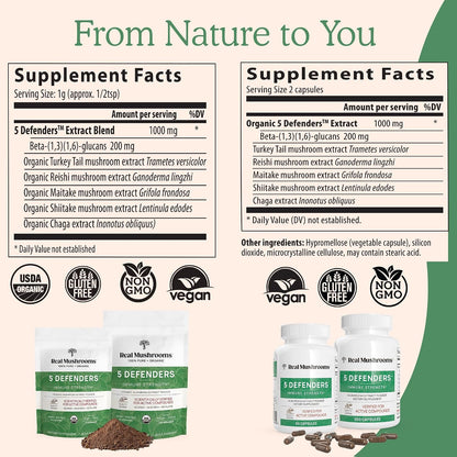 Real Mushrooms RealClarity (60ct) and 5 Defenders (90ct) Capsules Bundle - Mushroom Supplement for Mental Clarity, Focus & Immune Strength - Vegan, Non-GMO, Verified Levels of Beta-Glucans