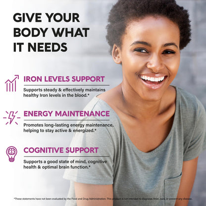 Iron Supplement for Women - Iron 65mg (Ferrous Sulfate 325mg) - Stomach Friendly | Slow Release | High Absorption - Vitamins C, D3, B6, B12 & Folate - Energy Support - 60 Capsules, 2 Month Supply