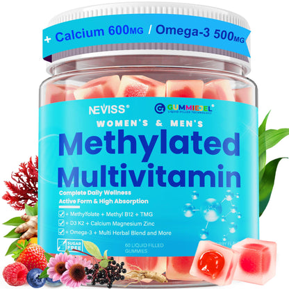 Methylated Multivitamin for Women & Men Gummies w/ Omega-3, Calcium, D3 K2, Methylfolate & B12, TMG, Daily Vitamins, Mag, CoQ10, Probiotic for 18 30 40 50 60 70+, Overall Health - Vegan, Sugar Free