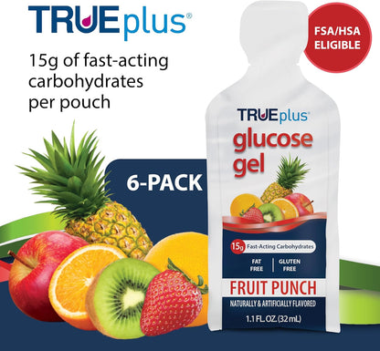 TRUEplus Glucose Gel Pouch, 15g Carbohydrates, Fruit Punch Flavor, 6 Pack | 15g Fast-Acting Carbohydrates Per Serving, Fat Free, Gluten Free, Boosts Energy, Great Tasting and Easy to Use
