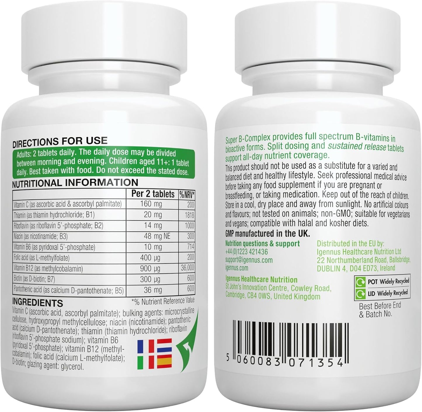 Super B-Complex 180 Tablets + Triple Magnesium Complex 180 Tablets Vegan Bundle, Methylated Sustained Release B Complex + High Absorption Chelated Magnesium Glycinate, Taurate & Citrate, by Igennus