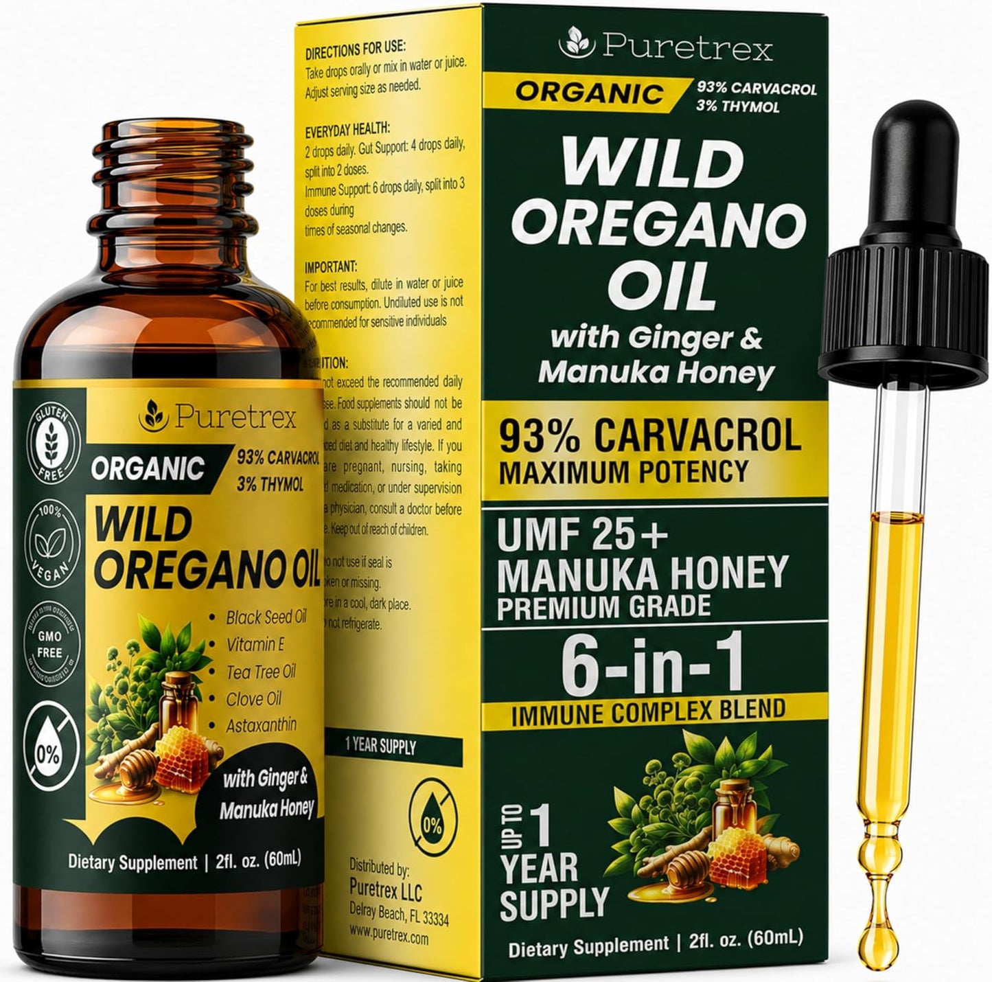 Organic Oil of Oregano Drops with Black Seed Oil, Wild Herbal Extract 93% Carvacrol, Liquid Tincture with Ginger & Manuka Honey UMF 25+, High Potency Botanical Blend, 60ml