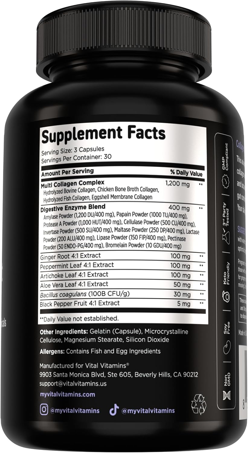 Vital Vitamins Multi Collagen Complex Plus + Gut, Probiotics & Enzymes | 5 Collagen Types I, II, III, V & X with Digestive Enzyme Blend, 3 Billion CFU Probiotic & Gut Botanicals, 90 Capsules