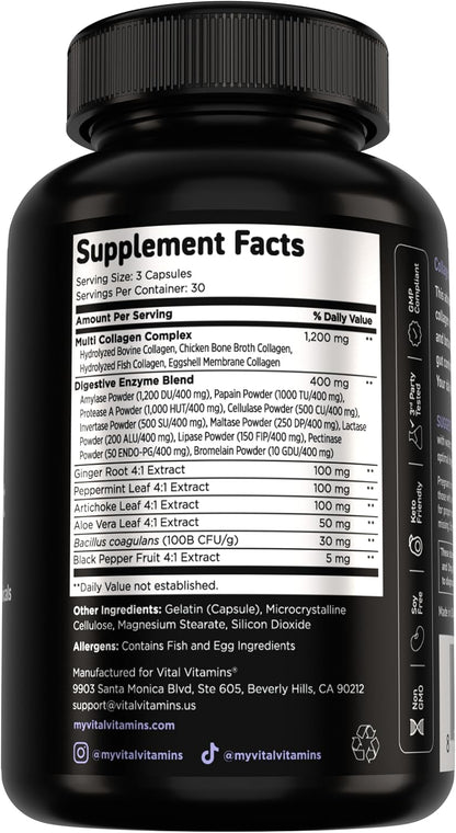 Vital Vitamins Multi Collagen Complex Plus + Gut, Probiotics & Enzymes | 5 Collagen Types I, II, III, V & X with Digestive Enzyme Blend, 3 Billion CFU Probiotic & Gut Botanicals, 90 Capsules
