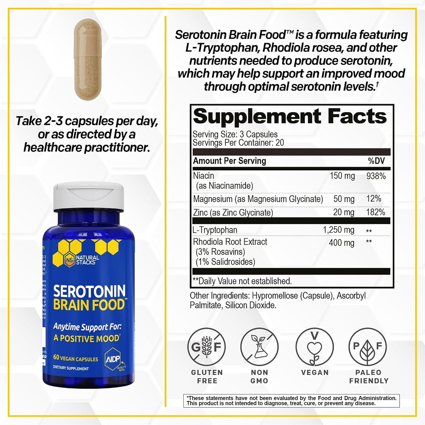 NATURAL STACKS Serotonin Brain Food + Dopamine Brain Food Bundle - Supports a Positive Mood & Mental Drive* - 120 Total Capsules