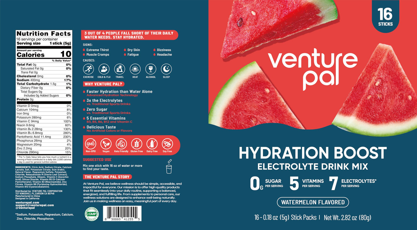 Venture Pal Sugar Free Electrolyte Powder Packets, Keto Friendly, 16 Sticks | Liquid Daily IV Hydration Packets for Rapid Rehydration. 7 Electrolytes & 5 Vitamins | Non-GMO | Vegan | Fast Dissolve
