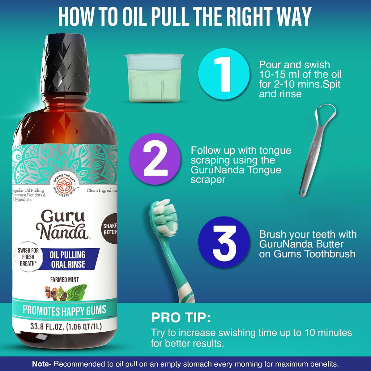 GuruNanda Coconut Oil Pulling Mouthwash with Vitamins, Farmed Mint, 16 oz