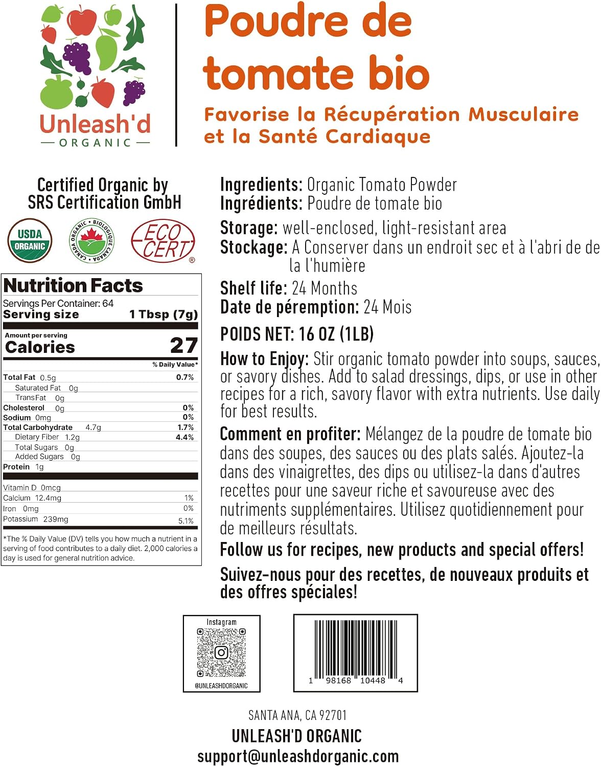 UNLEASH'D ORGANIC Organic Tomato Powder 16oz – 100% Pure Tomato Powder, USDA Organic, No Additives, for Smoothies, Soups, Sauces, Salads & Cooking