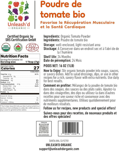 UNLEASH'D ORGANIC Organic Tomato Powder 16oz – 100% Pure Tomato Powder, USDA Organic, No Additives, for Smoothies, Soups, Sauces, Salads & Cooking