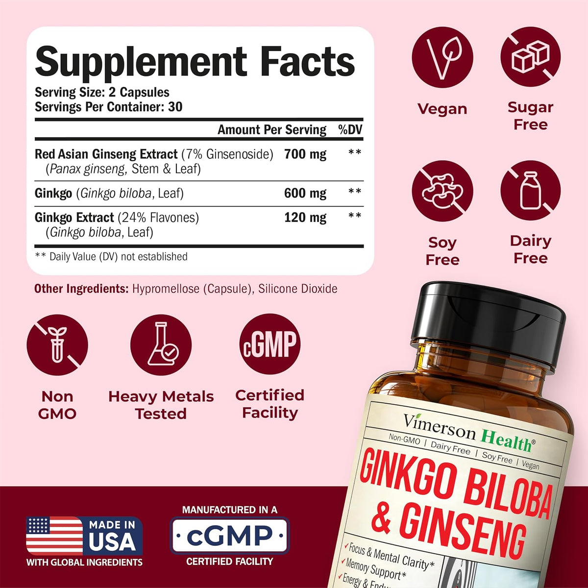 Asian Ginseng & Ginkgo Biloba Supplements w/ Potent Extracts – 60 Capsules