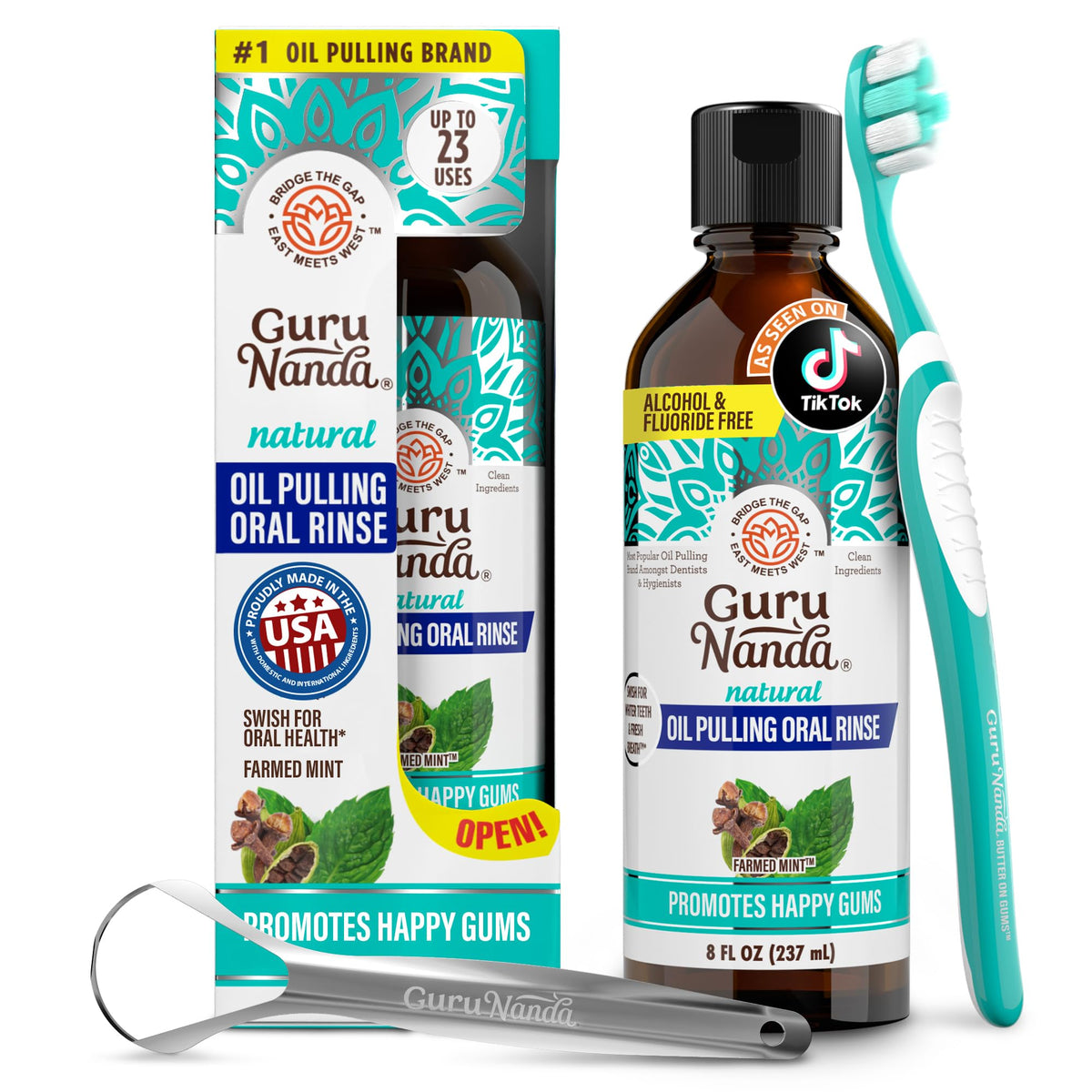 GuruNanda Coconut Oil Pulling Mouthwash with Vitamins, Farmed Mint, 16 oz