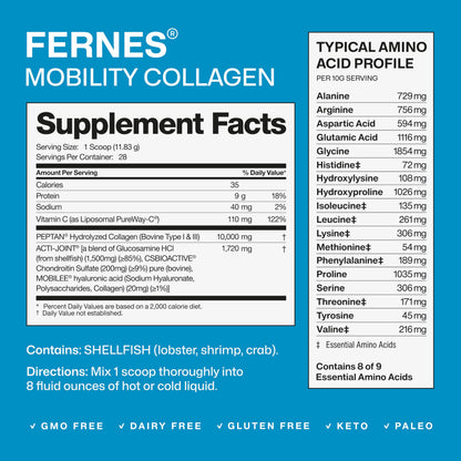 Mobility Collagen Peptides Powder - Glucosamine, Chondroitin, Hyaluronic Acid & Liposomal Vitamin C Joint Bone & Cartilage Support Grass-Fed Type I & III Keto & Paleo 28 Servings, 11.83 oz