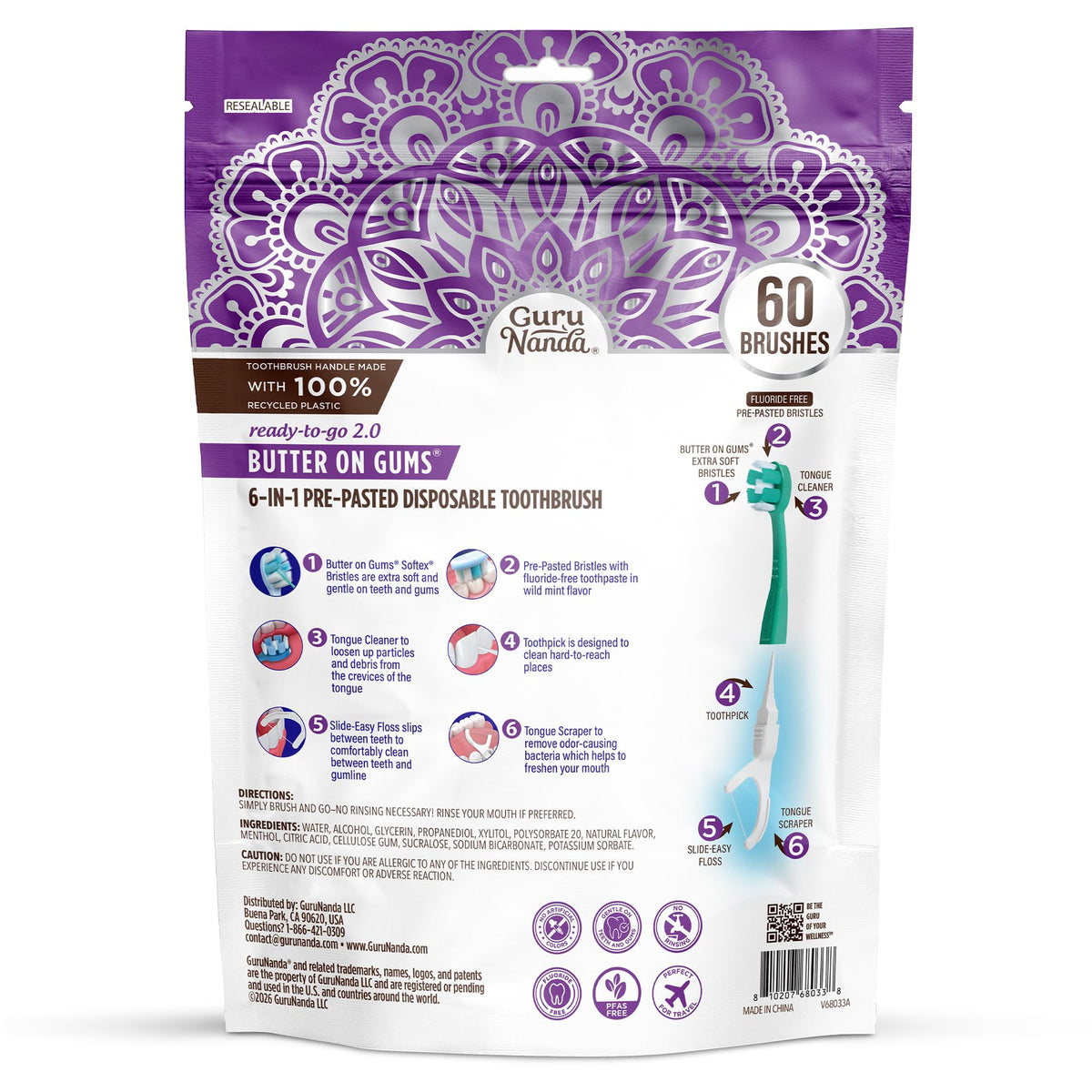GuruNanda Disposable Travel Toothbrush 2.0, Fluoride Free Toothpaste, 21 ct