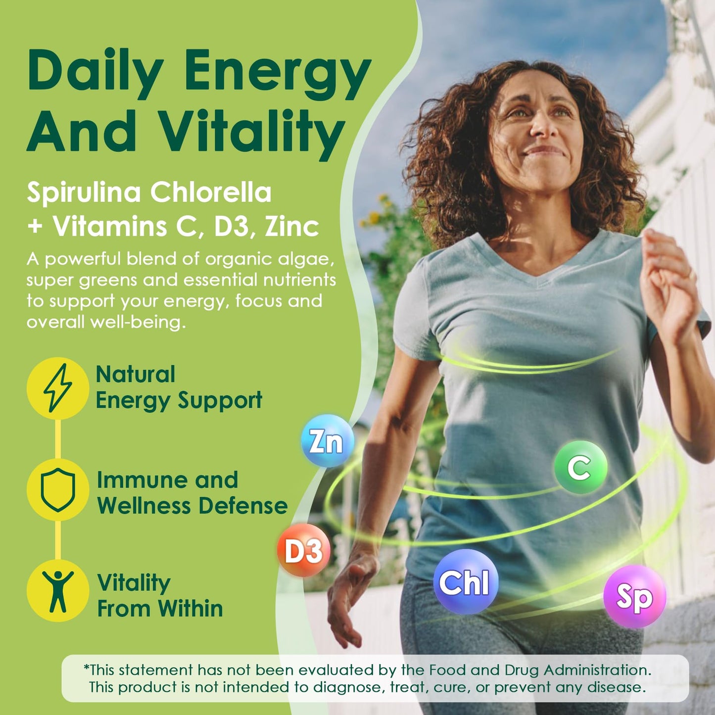 Organic Spirulina Chlorella Gummies + Super Greens, High in Vegan Protein & Chlorophyll, Green Algae + Broccoli，Moringa, Spinach, C, D3, Zinc, B12 for Energy, Gut, Immune, Antioxidant, No Sugar, 60Cts