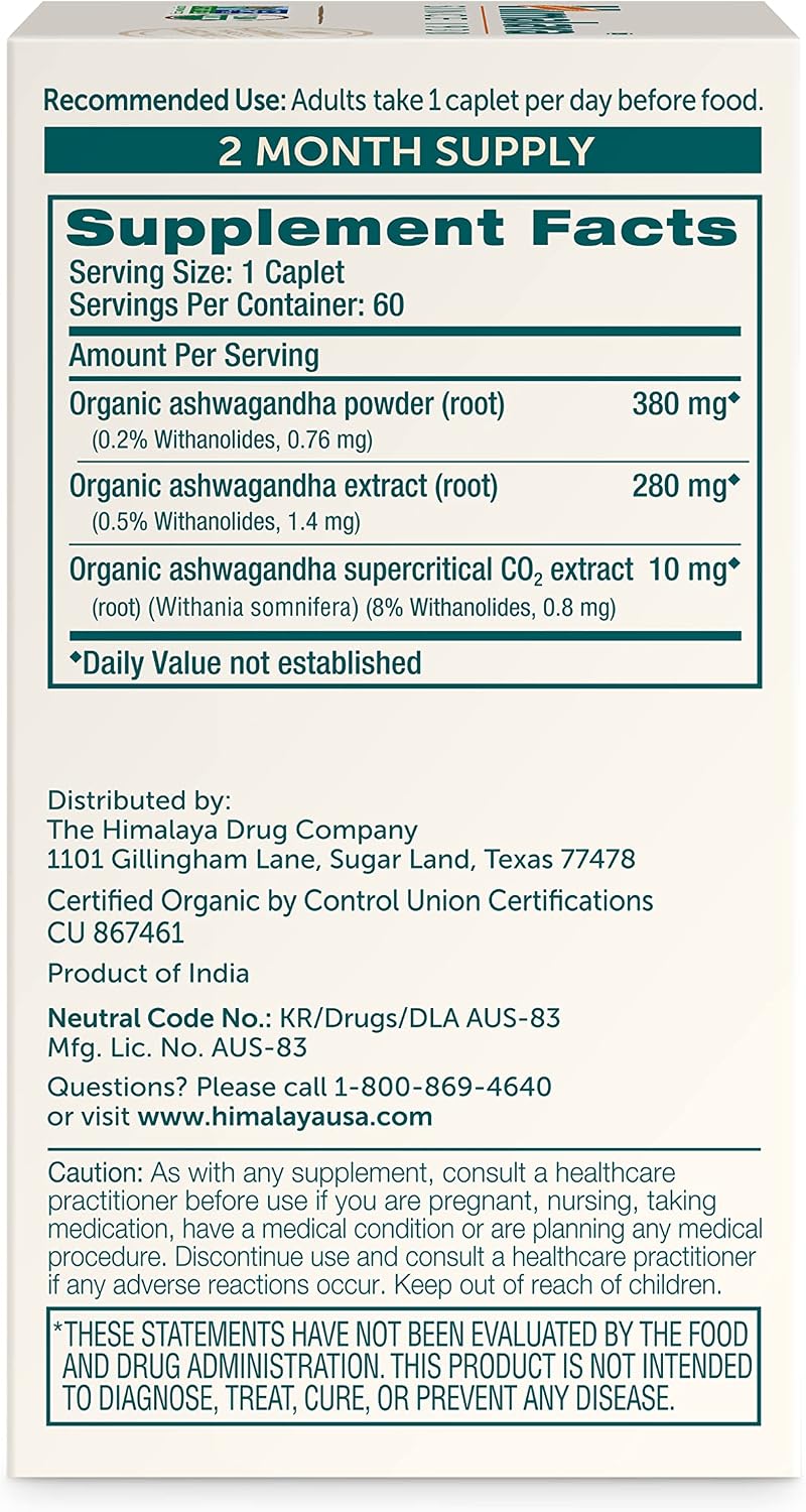 Himalaya USDA Organic Ashwagandha Root, 670 mg, 60 Day Supply, 60 Caplets