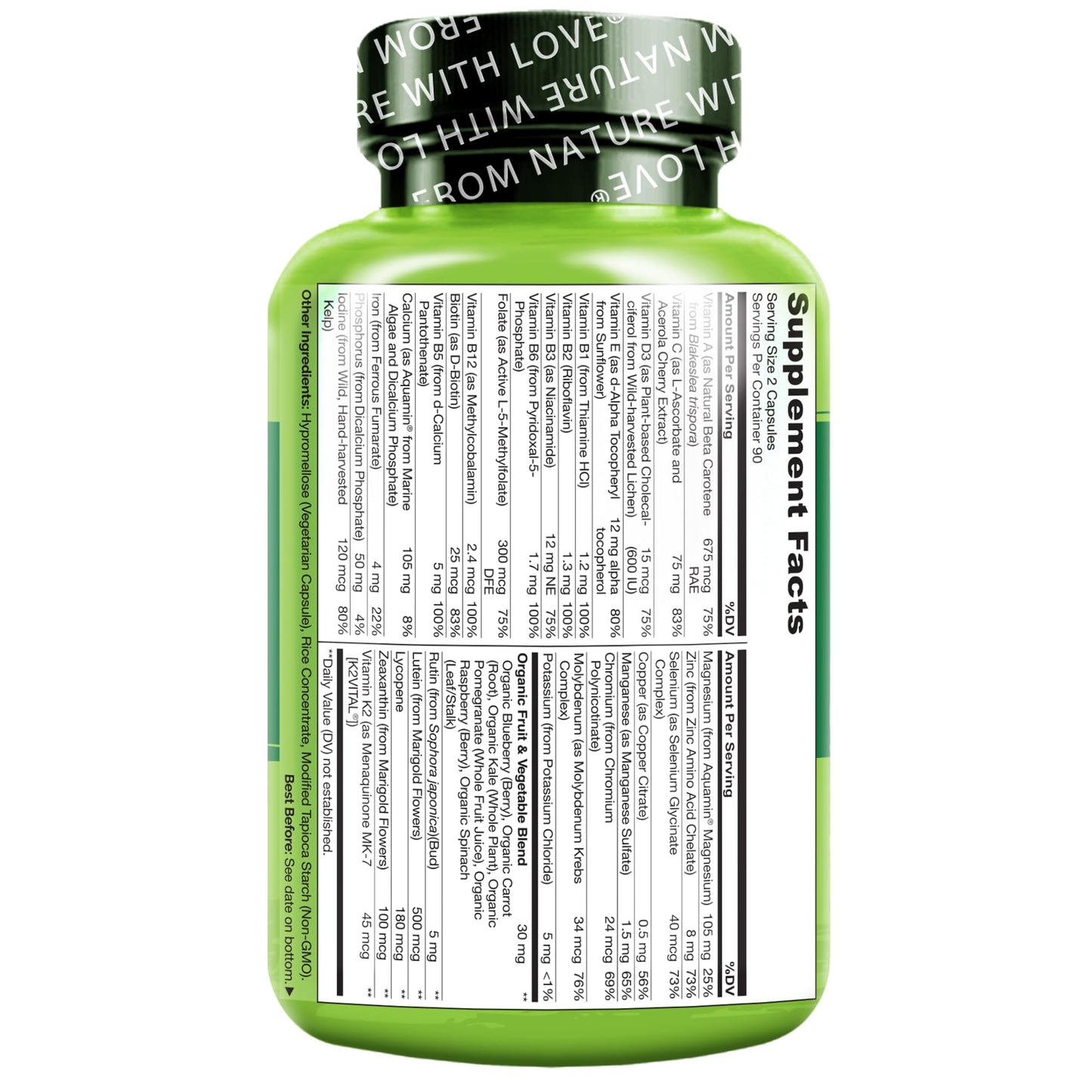 NATURELO Multivitamins for Teenage Girls/Boys, 60 Capsules, Whole Food Multivitamin with Minerals, Non-GMO, Vegetarian