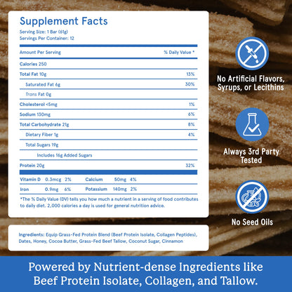 Equip Foods High Protein Prime Bars – Grass Fed Beef Protein, Collagen & Tallow – Gut Friendly, Gluten Free 20g Protein Bars - Only Real-Food Ingredients - Peanut Butter Chocolate, 12 Count