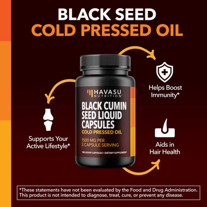 Black Seed Oil Capsules, Vegan, Non-GMO, Cold-Pressed Nigella Sativa, 90ct | 1500mg Per Serving Black Cumin Supplement for Skin Health, Immune Function, and Digestive Health, Unflavored, 30 Servings
