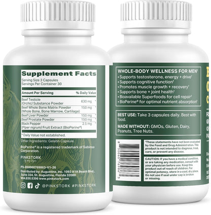 Pink Stork Men's Beef Organ Complex, Bioavailable Superfoods, 30 Servings | Grass-Fed, Grass-Finished Beef Liver, Testicle, Prostate + Bone Marrow | Supports Energy, Vitality + Men's Health