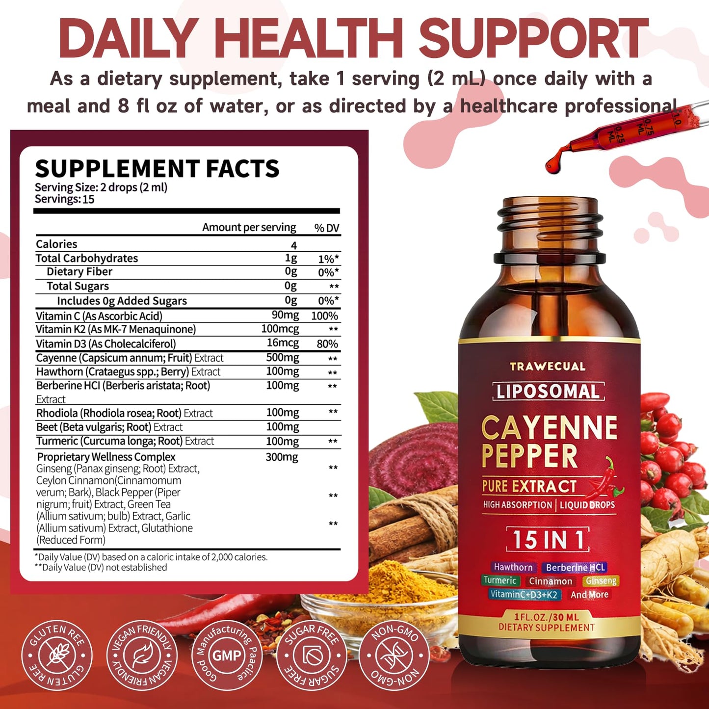 15 in1 Liposomal Cayenne Pepper Liquid Drops Supplement, with Vitamin D3 K2, Hawthorn, Berberine HCL, Beet Root, Turmeric, Cinnamon, Digestion, Circulatory Heath Support- 2 Fl Oz for 30 Days